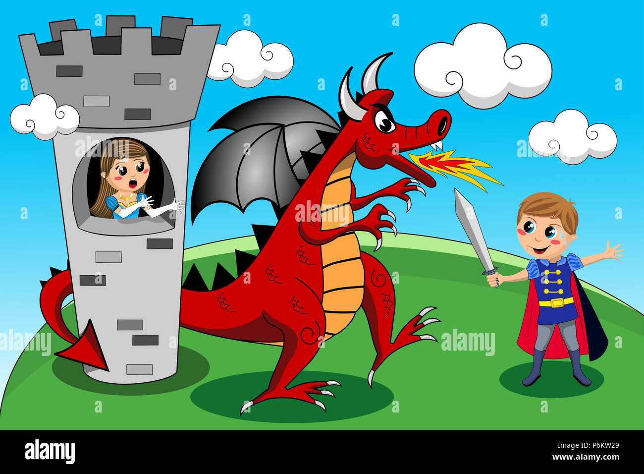 medieval-knight-sword-fighting-against-red-dragon-for-releasing-cute-worried-princess-in-the-tower-P6KW29.jpg